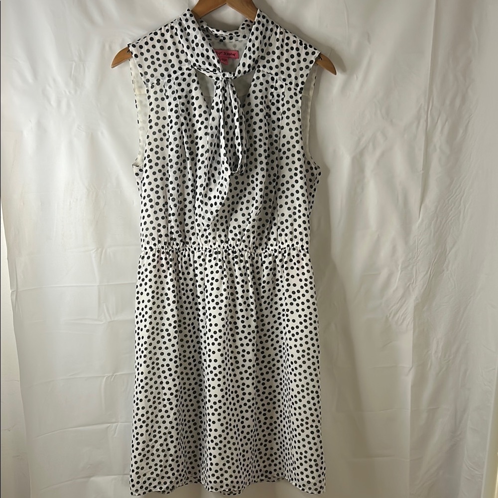 Betsey Johnson Black and White Peplum Midi Dress size 8 medium classipolka dots